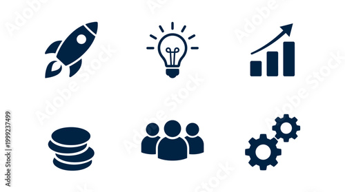 Collection of modern icons representing growth, innovation, teamwork, and finance concepts