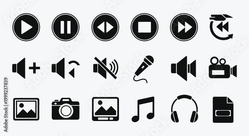 Glossy glass music icons set featuring vector web buttons for media player control including play, stop, pause, and volume sound symbols for multimedia internet design