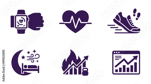 Collection of health and fitness icons representing monitoring, exercise, and wellness