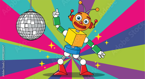 A cartoon robot dancing near a disco ball