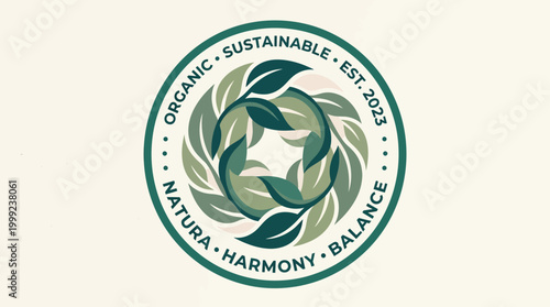 Circular logo representing organic and sustainable practices with leaves symbolizing nature and balance