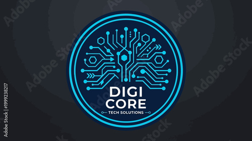 Digital logo design featuring a blue circuit pattern symbolizing technology and innovation