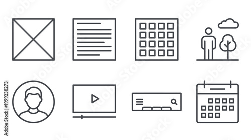 Collection of minimalist icons representing various digital interface elements and activities