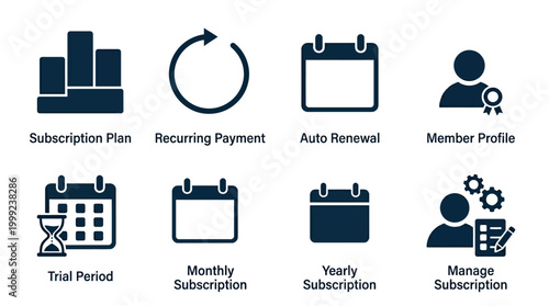 Icons representing subscription services, payment options, and member management features