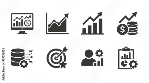 Various icons representing business analytics, growth metrics, and data management concepts