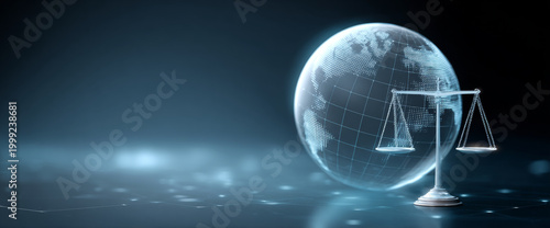 Digital globe with illuminated continents and a metallic justice scale symbolizing global law and fairness in a futuristic technology environment