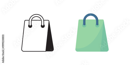 Two Shopping Bag Icons Online Shopping Icon, Flat Green And Black Outline Versions, Minimal UI Symbol For Ecommerce App, Clean White Background, Subtle Shadow, Branding And Interface Asset