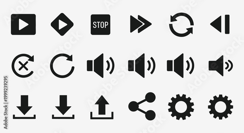 A comprehensive vector set of black music and video player icons featuring play, pause, and forward navigation buttons in a circle design for web internet media and sign illustration