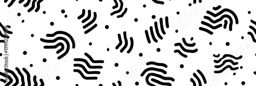 Abstract seamless pattern creating a dynamic maze with dashed lines and scattered dots. Abstract black and white geometric dashed pattern