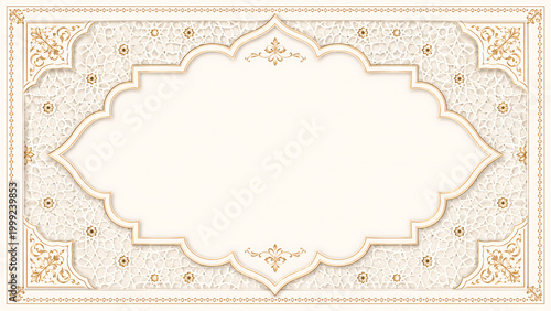 Elegant ornate frame with intricate gold and beige patterns, featuring a central quatrefoil shape, ideal for invitations or certificates.
