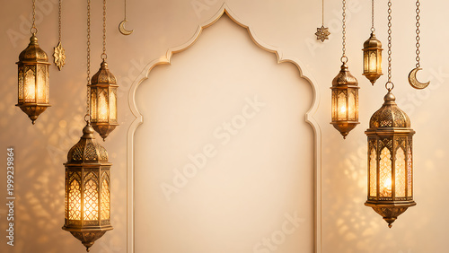 Ornate golden Arabic lanterns and crescent moons hanging around a traditional Islamic archway on a beige wall, casting warm light and shadows.