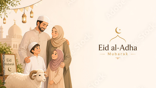 A happy Muslim family celebrating Eid al-Adha with a sheep in front of a mosque, conveying a festive and blessed atmosphere.