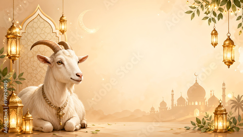 A majestic white goat with a golden necklace rests in a festive Islamic setting with lanterns, arches, and a mosque silhouette, celebrating Eid al-Adha.
