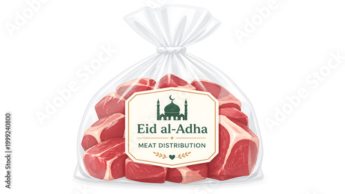 Clear plastic bag filled with raw red meat cuts for Eid al-Adha meat distribution, featuring a label with a mosque silhouette.