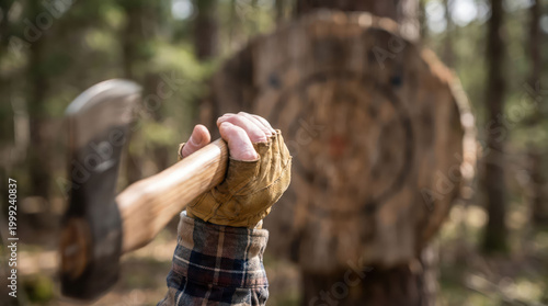 Axe throwing hand target glove outdoor forest sport recreation Person aim axe throwing wooden target outdoors forest wearing glove and plaid shirt