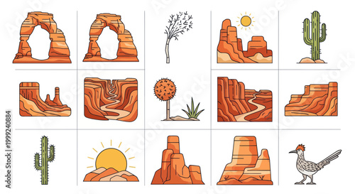 Cuadro en lienzo Desert Landscape Illustrations: Arches, Canyons, Cacti, Roadrunner