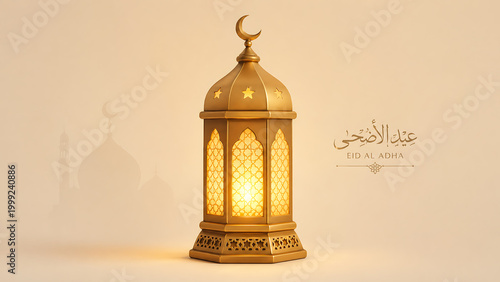A beautifully crafted golden Islamic lantern with a crescent moon, glowing warmly, set against a soft background with a mosque silhouette and Eid Al Adha calligraphy.