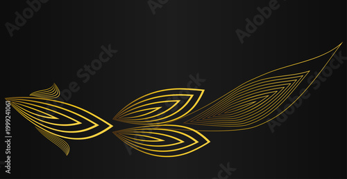 黒背景に広がる金色のラインで構成された葉のような幾何学模様が連なる高級感ある抽象装飾デザイン