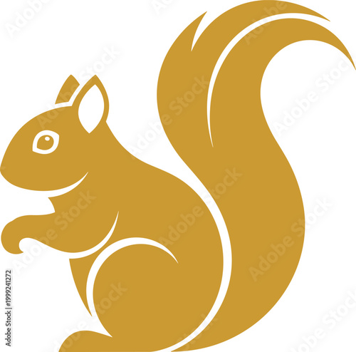 Vector illustration of a golden squirrel silhouette profile with a bushy tail isolated on white background for logo and branding