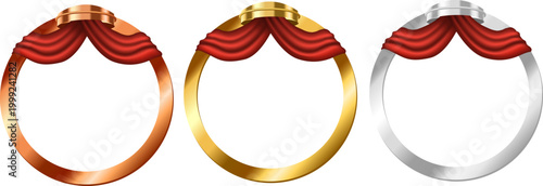 高級感あふれる金銀銅のリングに赤いベルベット布が掛かったジュエリーフレームセット、豪華装飾と表彰や記念デザインに最適なエレガント円形素材