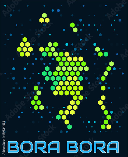 Bora Bora hexagon dots map. Digital style boundary shape. Island map and title. Large green colored hexagons, sparse blue dots at background. Vector Illustration.