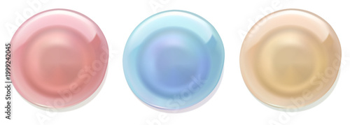 やわらかな光を反射するパステルカラーのガラス質感円形オブジェ3種セット、透明感と立体感を表現したシンプルで上品な抽象デザイン素材