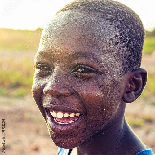 close up image of a young black boy laughing as sunlight hits his face,  soft golden  