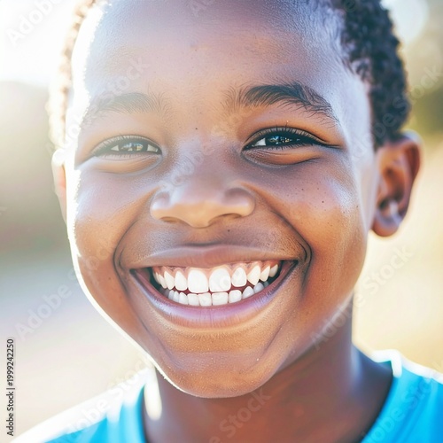 close up image of a young black boy laughing as sunlight hits his face,  soft golden  