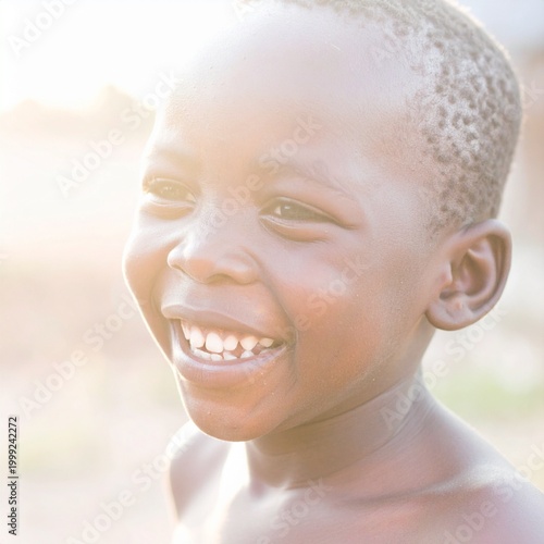 close up image of a young black boy laughing as sunlight hits his face,  soft golden  