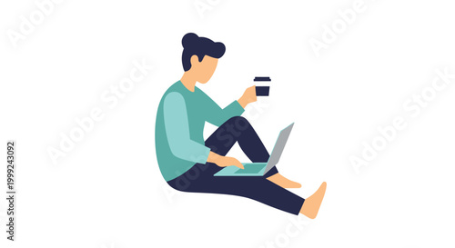 Man sitting with laptop and coffee.
