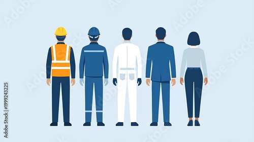 A flat vector illustration of five professionals standing side by side, viewed from the back
