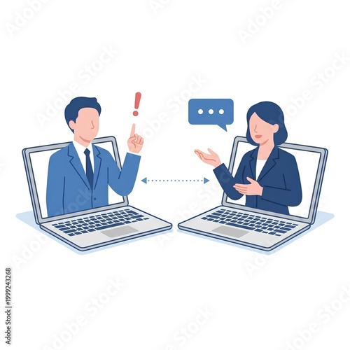 a flat vector illustration of two business professionals having an online conversation through laptop screens