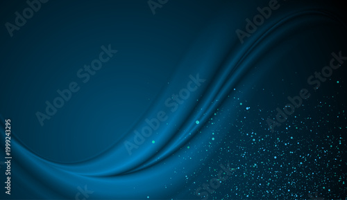 深いブルーのグラデーションに流れるシルクのような波と輝く粒子が広がる抽象背景、未来感のあるデジタルウェーブデザイン
