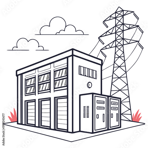 line art illustration of a power substation building with transmission tower