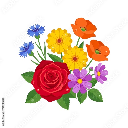 Flat vector icon of blooming red rose and colorful summer flowers with green leaves, fresh vibrant colors