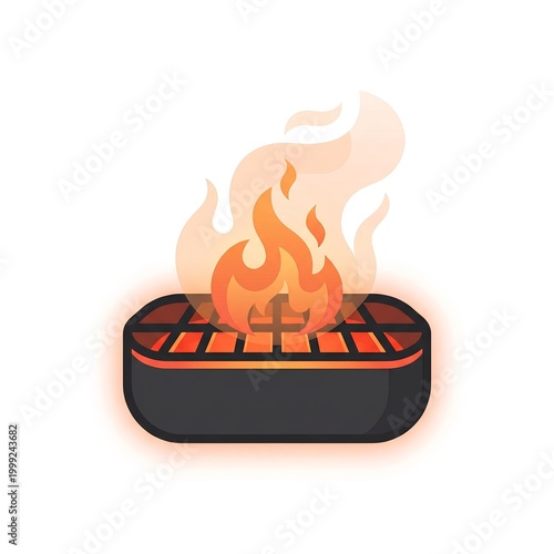 Clean flat icon of glowing barbecue grill with orange flames and smoke