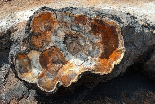 Ancient petrified log cross-section with cracked orange and white mineralized rings and rough black outer crust on dry ground conveying timeless weathered beauty