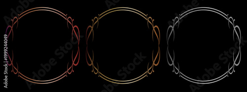 エレガントな曲線装飾が美しい円形フレームセット ゴールドとシルバーの繊細なラインアートデザイン