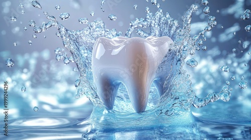 glossy molar tooth splashing into clear blue water with sparkling droplets, evoking freshness, cleanliness and healthy oral care