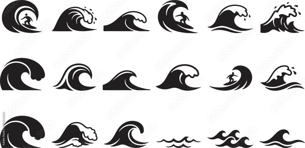 Fototapeta premium Set of Minimalist Surfing Wave Silhouettes and Ocean Elements.