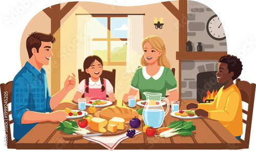 Family Meal Shared Around Table with Hearth Happiness