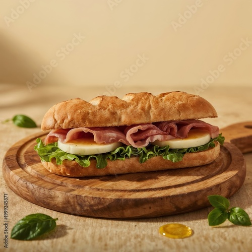 Fresh Sandwich with Ham and Vegetables on Wooden Board