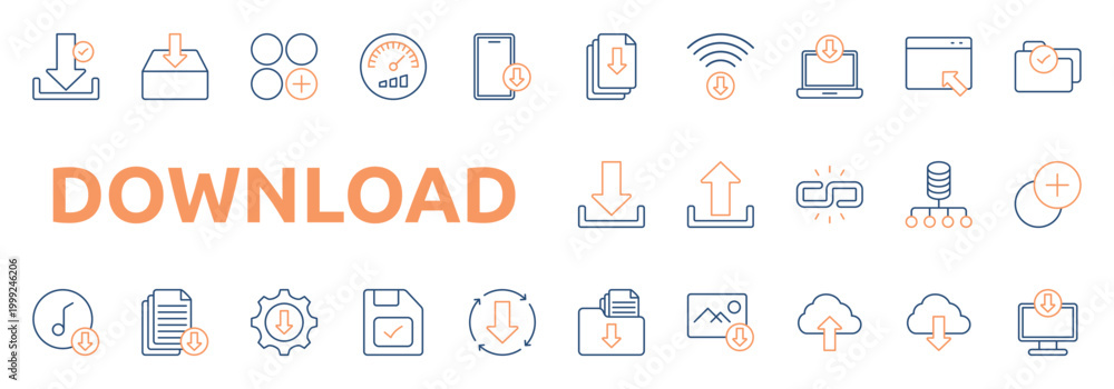 Fototapeta download icon set color outline style with file,  folder check, upload, link, database network icons