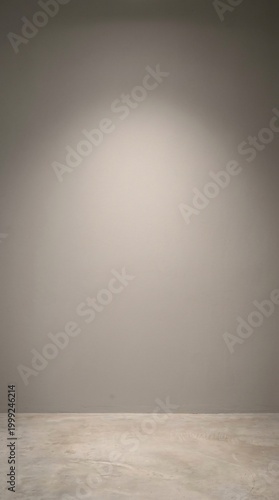 Minimalist empty room interior with spotlight on clean grey wall and concrete floor, creating a serene and versatile backdrop