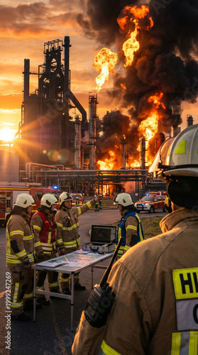 Firefighters battling a massive chemical fire at a gigafactory with towering flames and smoke, set against a dramatic sunset sky