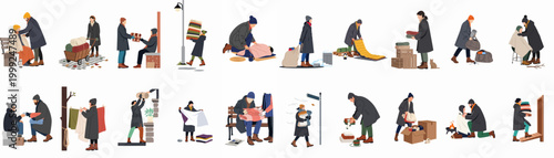 Foto A collection of flat vector illustrations depicting volunteers and people helping the homeless by donating blankets and warm clothes during the winter season