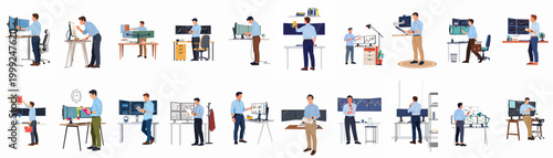 Collection of professional men working at office desks with multiple monitors, analyzing stock market charts and financial data in a flat vector style.