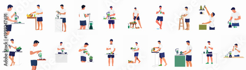 Vector illustrations of a young man preparing and drinking healthy green smoothies, showing various steps of a nutritious wellness routine.
