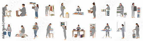 Flat vector illustrations of women performing various laundry and household chores, including folding clothes, ironing, and organizing wardrobes.
