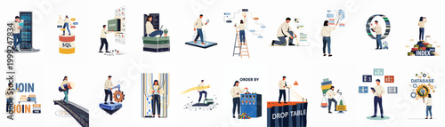 Comprehensive Set of Flat Illustrations Depicting Various Database Management, SQL Programming, and Data Science Concepts with People Working on Technical Tasks.